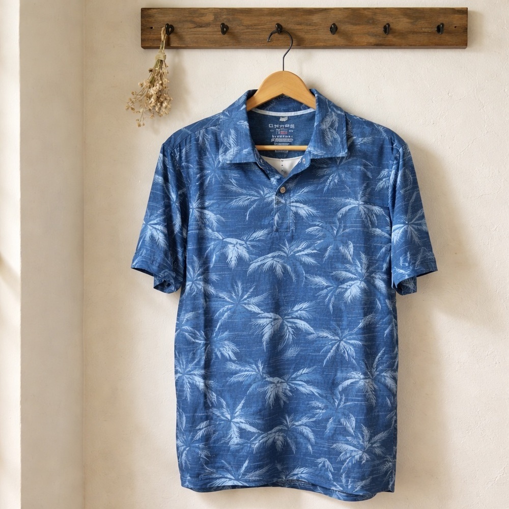 Chaps Blue Palm Print Men's Polo Shirt Size S